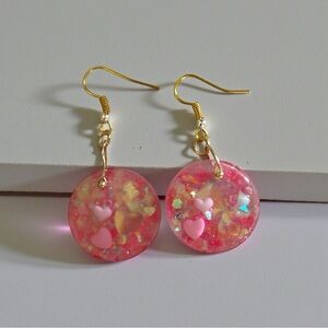 Valentines Pink Heart Round Drop Earrings